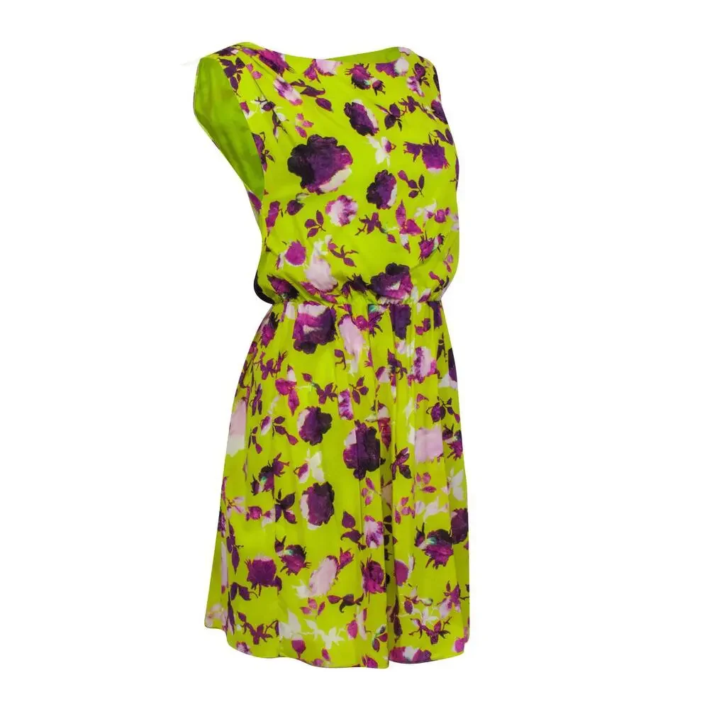 Alice & Olivia - Lime Green Mini Dress w/ Purple Floral Print Sz XS